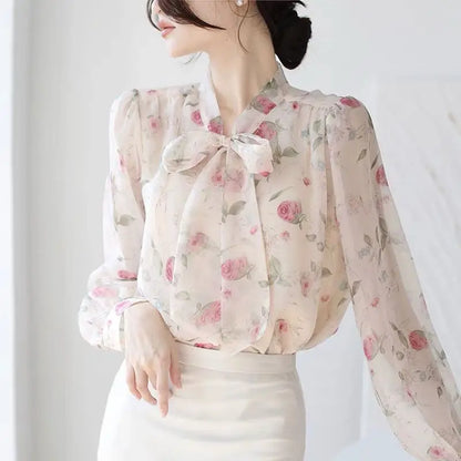 Blouse Women Pink Floral Tops Fall Newly Trendy Bow Vintage Gentle Sweet Casual French Puff Sleeve Ins Chic Stand Collar Lace-up
