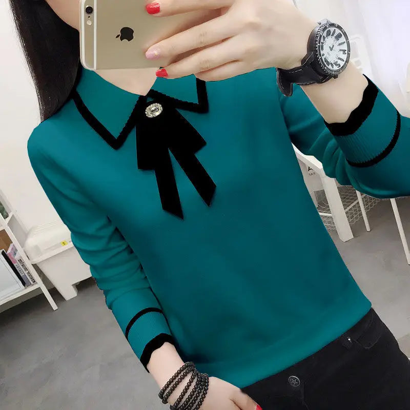 New Zealand Fashion Peter Pan Collar Knit Blouse for Women 2022 Autumn – Lace-Up Bow, Loose Casual Top | Strylez Virtual Try-On