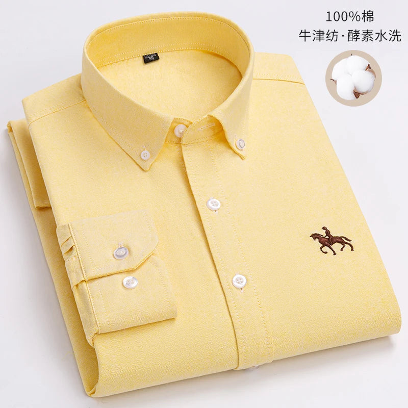 Quality 100% Cotton Oxford Shirt Men's Long Sleeve Embroidered Horse Casual Without Pocket Solid Yellow Dress Shirts Men 5XL 6XL