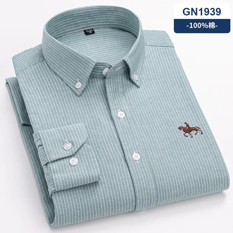 Fashion Strip 100% Oxford Embroidered Horse Casual Without Pocket Solid Plaid Shirts Men's Long Sleeve Dress Shirt Men Plus Size