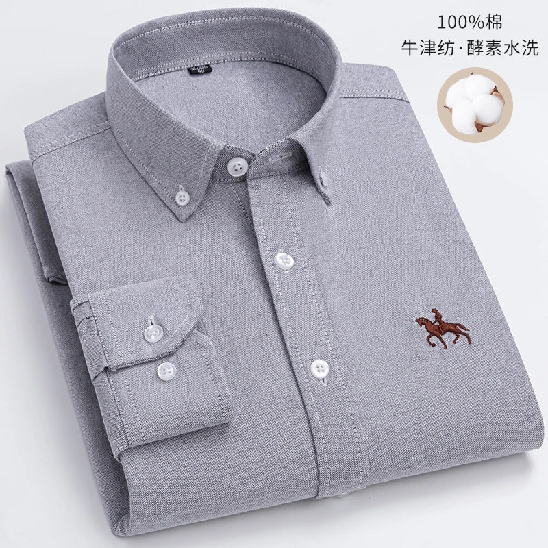 Fashion Strip 100% Oxford Embroidered Horse Casual Without Pocket Solid Plaid Shirts Men's Long Sleeve Dress Shirt Men Plus Size
