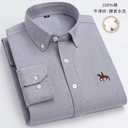Fashion Strip 100% Oxford Embroidered Horse Casual Without Pocket Solid Plaid Shirts Men's Long Sleeve Dress Shirt Men Plus Size