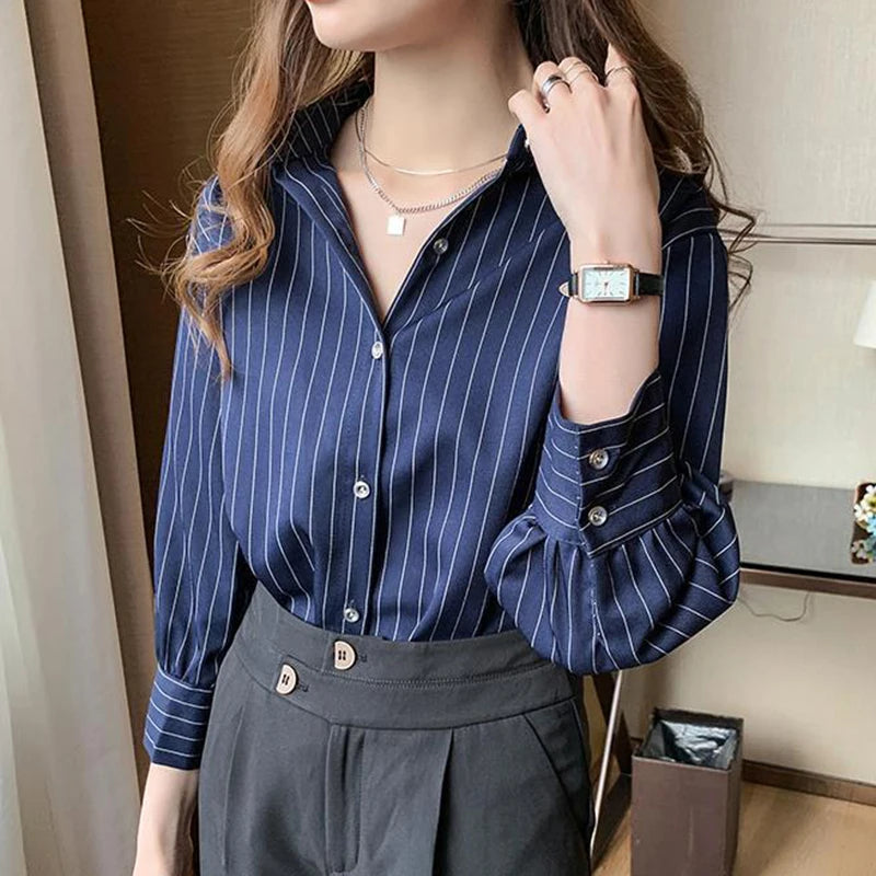Striped Shirt Women Summer Vintage Chic Loose Long Sleeve Top - Y2K Office Casual Blouse | New Zealand | Strylez Virtual Try-On