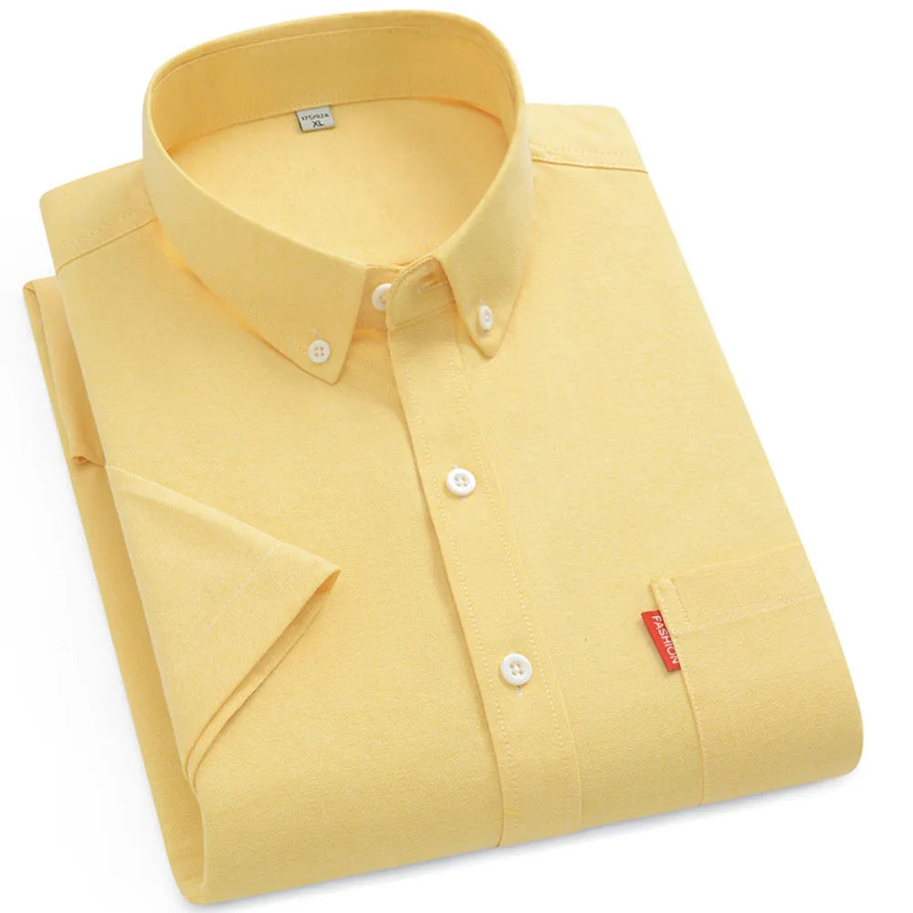 2025 New Men's Oxford Shirts Luxury Short Sleeve Summer Casual 100% Cotton High Quality Solid Color Business Social Yellow Tops