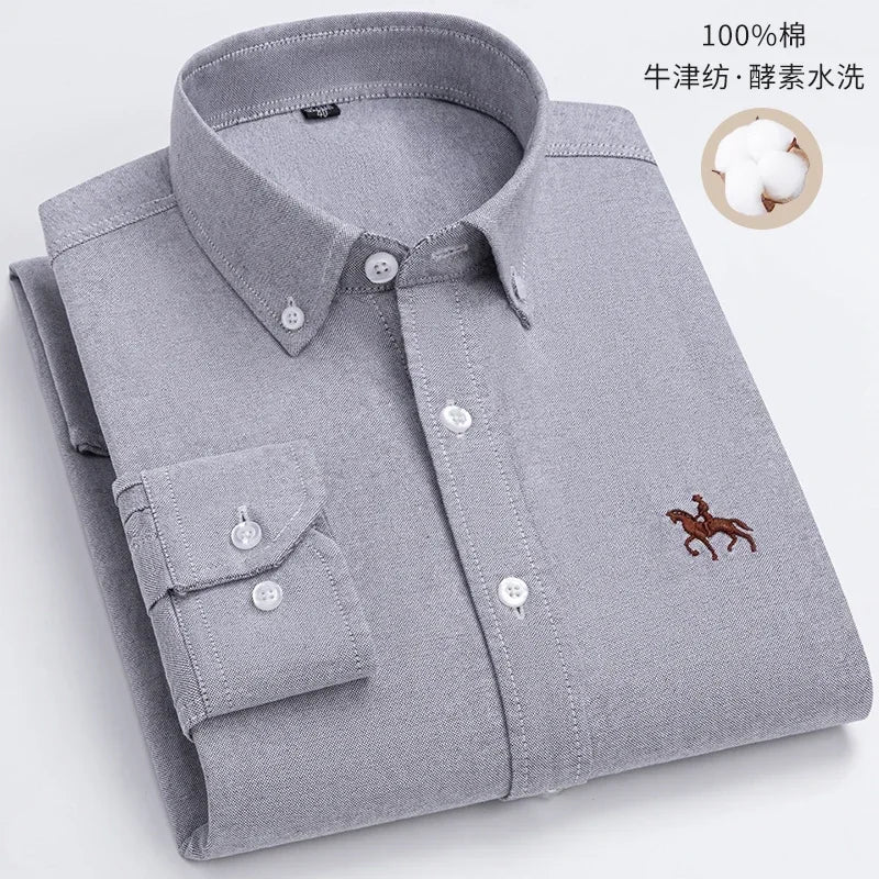 2024 Men Shirt Floral Long Sleeve Casual 100% Cotton Oxford Man Leisure Embroidered Horse Shirts Streetwear Oversized  Plus Size