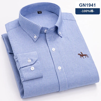 Fashion Strip 100% Oxford Embroidered Horse Casual Without Pocket Solid Plaid Shirts Men's Long Sleeve Dress Shirt Men Plus Size