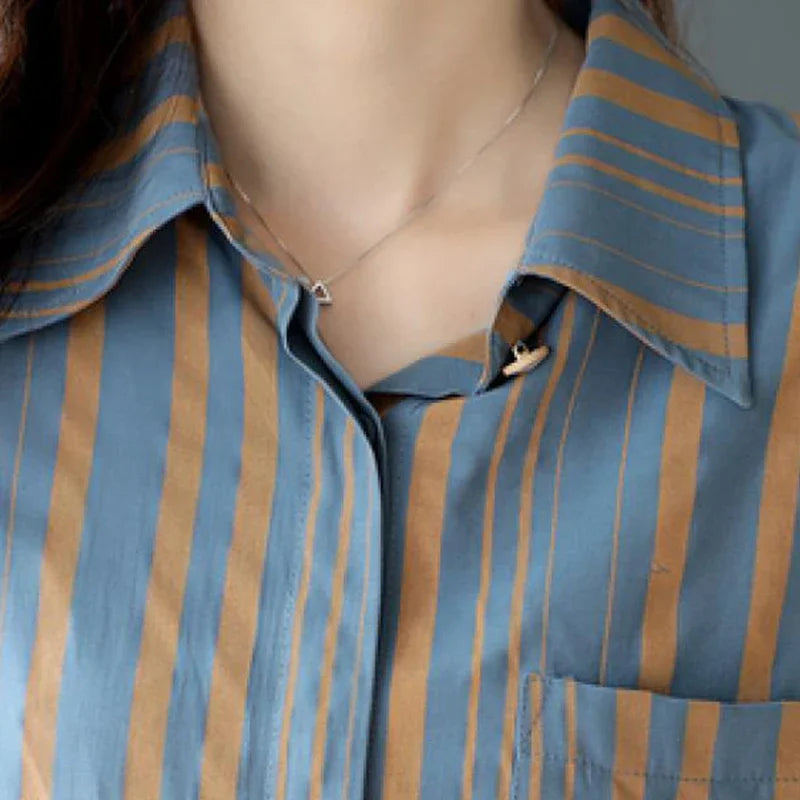 Spring & Autumn Striped Loose Blouse for Women - Casual Vintage Long Sleeve Top, Elegant All-Match Shirt, NZ | Strylez Virtual Try-On