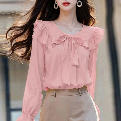 ZANZEA Peter Pan Collar Long Sleeve Blouses Korean Style Women Elegant Solid Smock Tops Sweet Long Sleeve Tie Up Blusas Mujer
