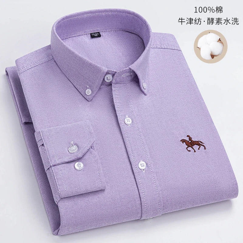 Fashion Strip 100% Oxford Embroidered Horse Casual Without Pocket Solid Plaid Shirts Men's Long Sleeve Dress Shirt Men Plus Size