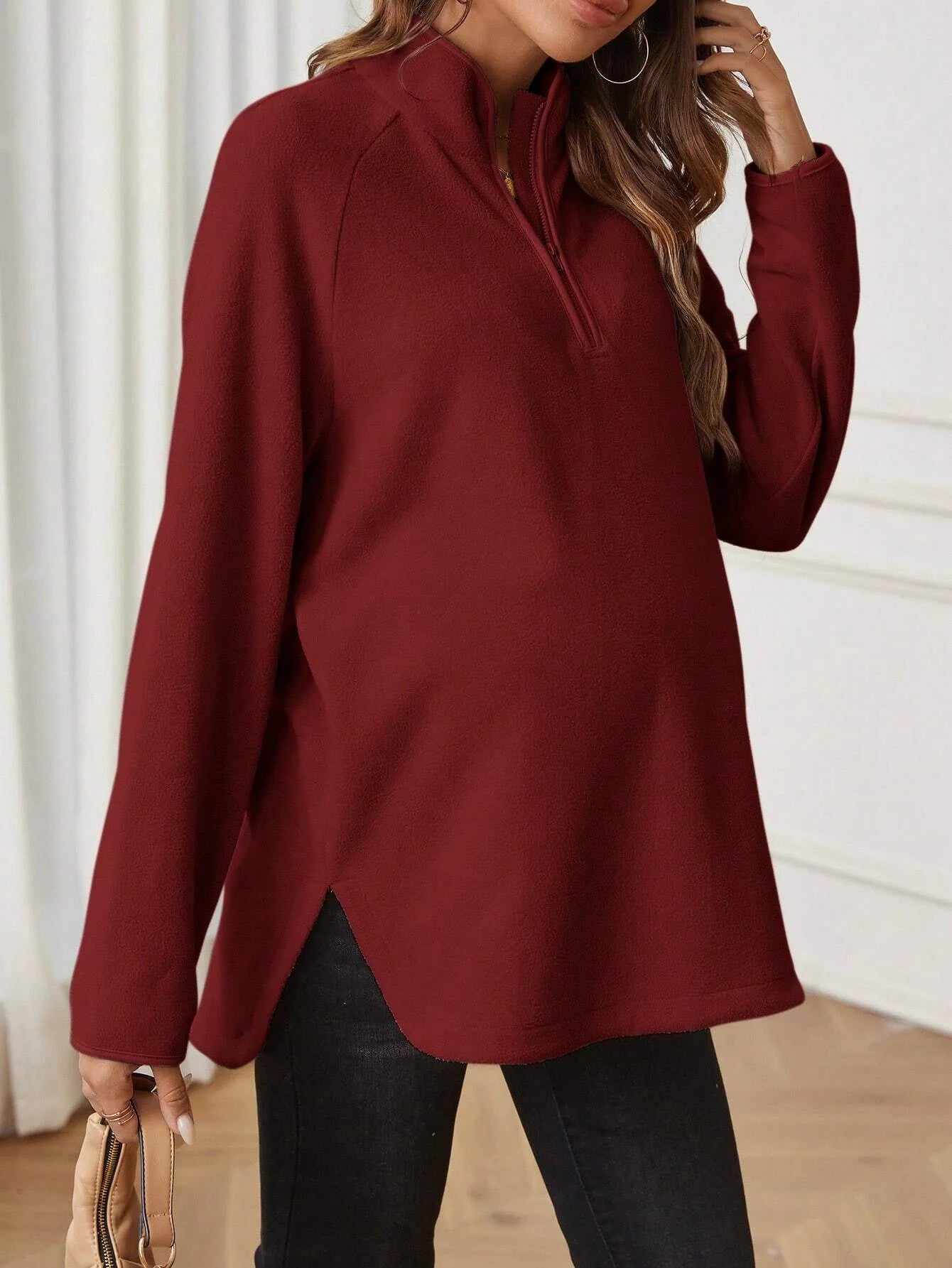 Maternity T-Shirt AutumnWinter Maternity Fashion Solid-Color Zipper Loose-Fit Long-Sleeve T-Shirt