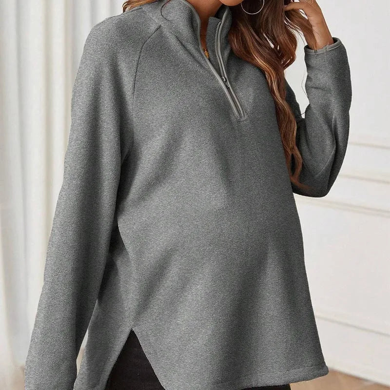 Maternity T-Shirt AutumnWinter Maternity Fashion Solid-Color Zipper Loose-Fit Long-Sleeve T-Shirt