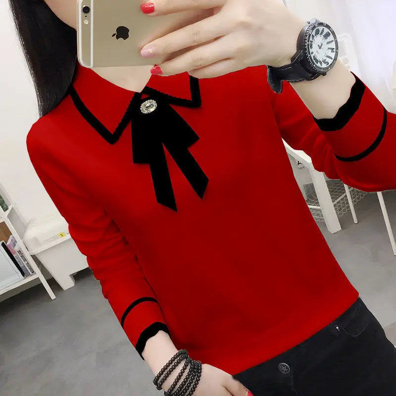 New Zealand Fashion Peter Pan Collar Knit Blouse for Women 2022 Autumn – Lace-Up Bow, Loose Casual Top | Strylez Virtual Try-On