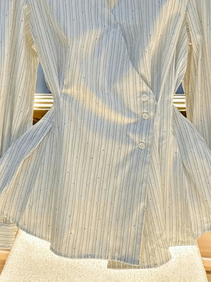 French Striped Long Sleeved Shirt Women Autumn 2025 Elegant Turndown Collar Waist Cinched Top Temperament Dress Hemline Blouse