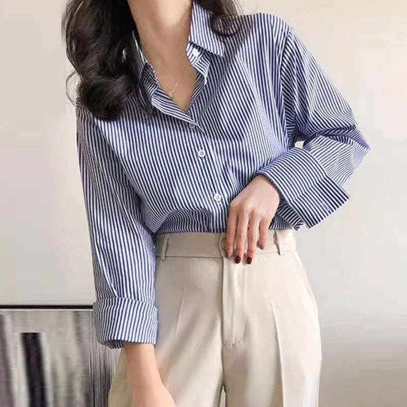 New Zealand Classic Striped Women’s Spring Autumn Blouse - Lantern Sleeve, Stand Collar, Loose Top | Strylez App Virtual Try-On