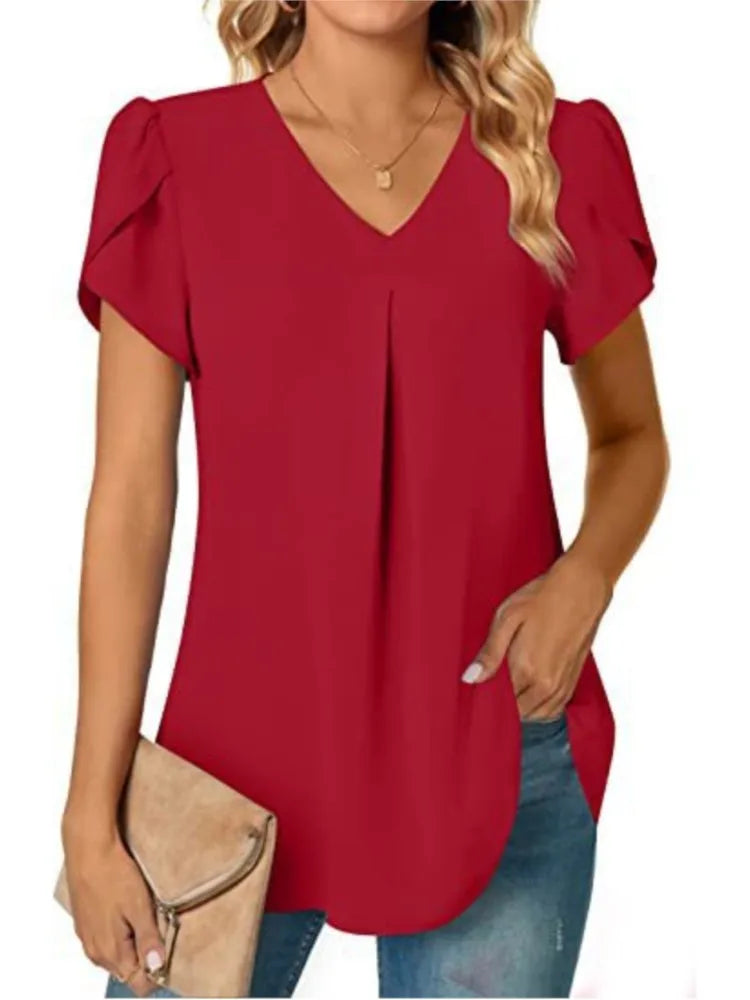 Elegant Women's Top Blouse 2024 Summer Flower – Short Sleeve V-Neck Office/Work, Commuter Shirt S-XXL | NZ | Strylez Virtual Try-On
