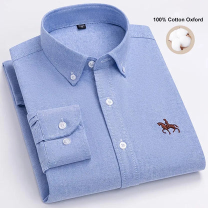 Fashion Strip 100% Oxford Embroidered Horse Casual Without Pocket Solid Plaid Shirts Men's Long Sleeve Dress Shirt Men Plus Size