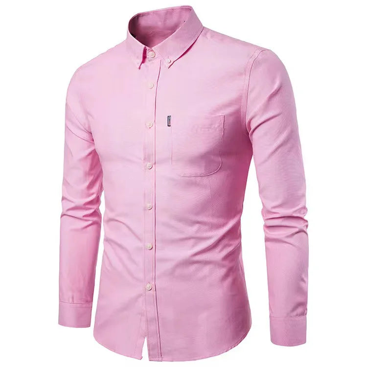 2024 Oxford Quick-Dry No Iron Shirts Men Solid Casual Slim Lapel Collar T-Shirts Long-Sleeve Formal Business Shirts Mens Tops