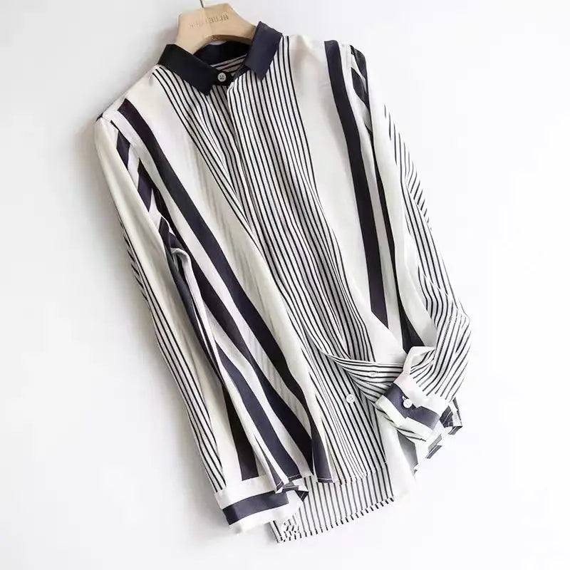 Striped Women’s Blouse – Long Sleeve, Polo Collar, Office/All‑Match Shirt, 2023, NZ | Strylez App Virtual Try-On