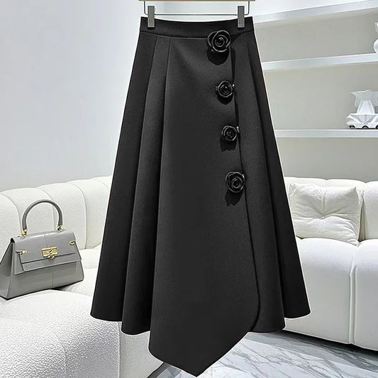 Vintage-Inspired High Waist Pleated A-Line Midi Skirt with 3D Flowers