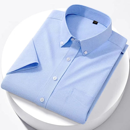 Luxury Men's Oxford Shirt 100% Cotton Short Sleeve Causal Stripe Solid Summer Basic Business Formal Social White Slim Fit Blouse