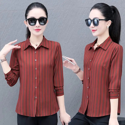 Stripe Long Sleeve Blouse Women Spring Autumn New Style Middle-aged Mother Versatile Fashion Shirt
