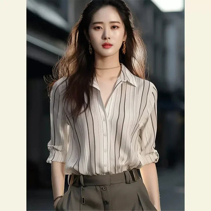 Stripe Women Shirt Vintage Blouse 2024 Fashion Spring Autumn Womens Tops Casual Female Clothing Loose Elegant Shirts For Women