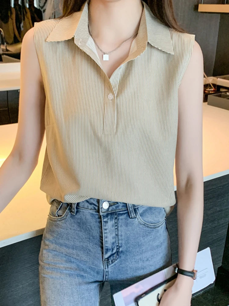Women Summer Sleeveless Blouse Casual Striped Top | Office OL Blouse | Ladies Basic Tops NZ | Strylez Virtual Try-On