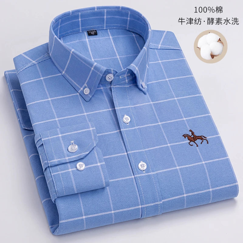 Quality 100% Cotton Oxford Shirt Men's Long Sleeve Embroidered Horse Casual Without Pocket Solid Yellow Dress Shirts Men 5XL 6XL