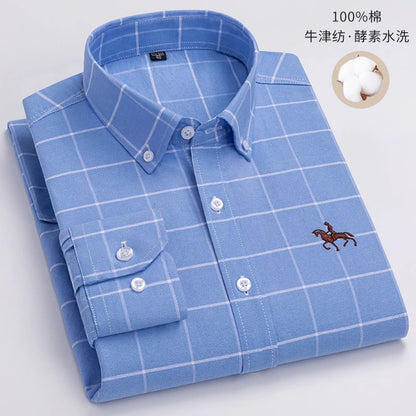 Quality 100% Cotton Oxford Shirt Men's Long Sleeve Embroidered Horse Casual Without Pocket Solid Yellow Dress Shirts Men 5XL 6XL