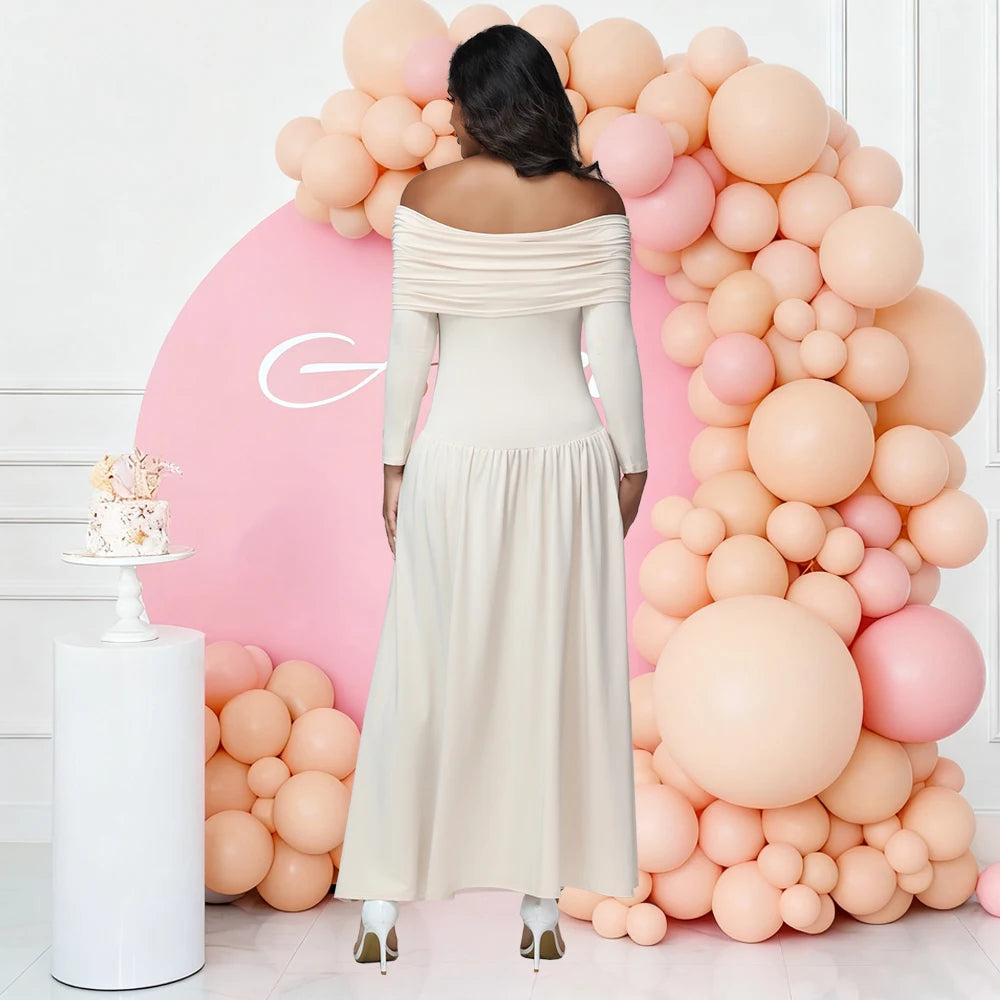Maternity Elegant Photoshoot Dresses off Shoulder Long Sleeves Solid Pregnant Pleated Dress for Baby Shower