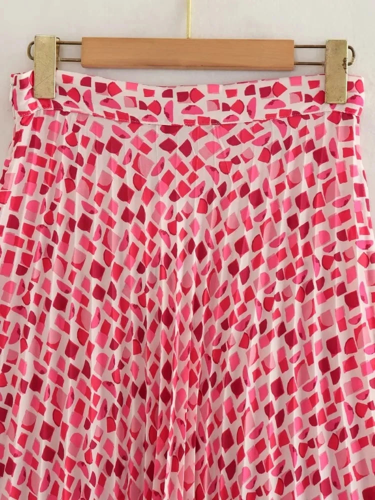 Playful Pink Pleated Midi Skirt – Summer High Waist Fairycore Ruched Skirt for Women’s Evening Vibes