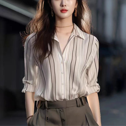 Stripe Women Shirt Vintage Blouse 2024 Fashion Spring Autumn Womens Tops Casual Female Clothing Loose Elegant Shirts For Women