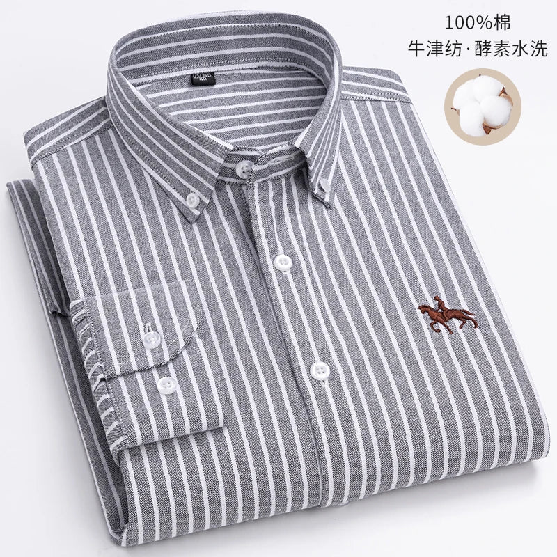 Quality 100% Cotton Oxford Shirt Men's Long Sleeve Embroidered Horse Casual Without Pocket Solid Yellow Dress Shirts Men 5XL 6XL