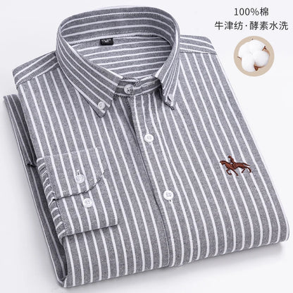 Quality 100% Cotton Oxford Shirt Men's Long Sleeve Embroidered Horse Casual Without Pocket Solid Yellow Dress Shirts Men 5XL 6XL