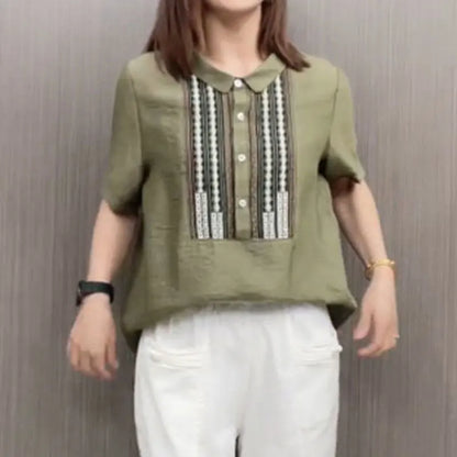 Vintage Peter Pan Collar Blouse Casual Loose Female Clothing Stylish Printed Patchwork Button 2024 Summer New Short Sleeve Shirt