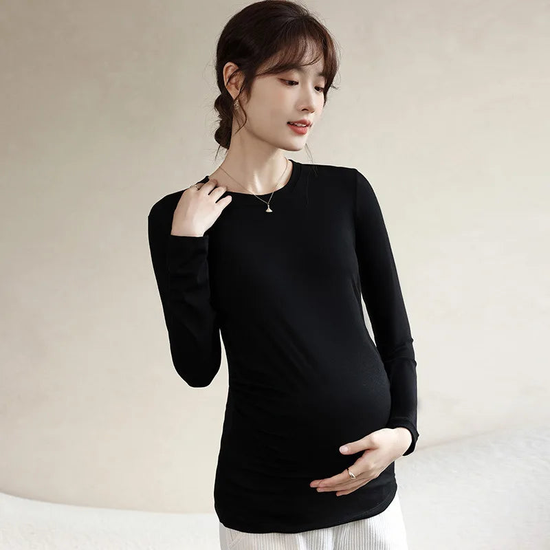 Maternity Spring Fall Round Neck Long-Sleeved Slim Thin Section Bottoming Shirt Pregnant Women's Solid Elastic Soft Homewear