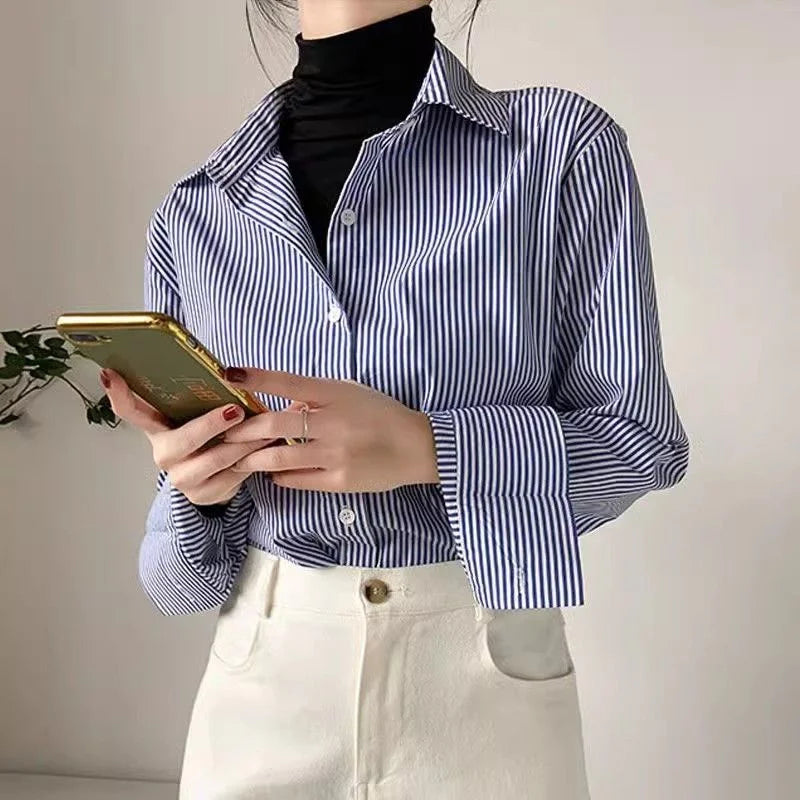 New Zealand Classic Striped Women’s Spring Autumn Blouse - Lantern Sleeve, Stand Collar, Loose Top | Strylez App Virtual Try-On