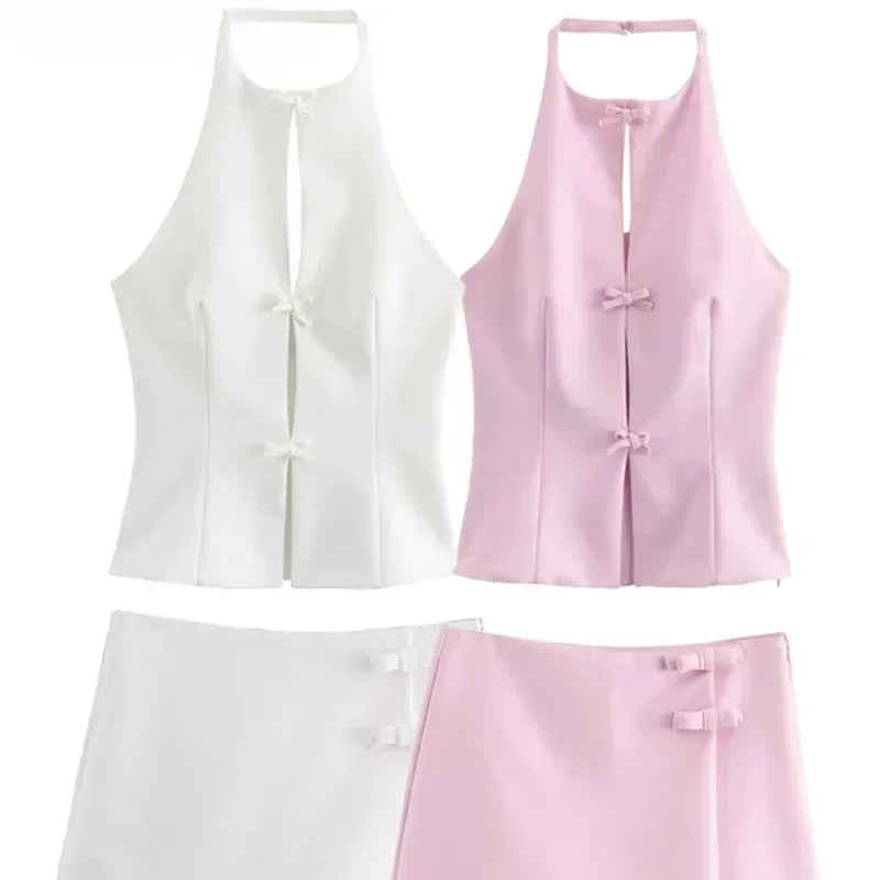Pink Bow Halter Crop Top and Asymmetrical Shorts Set