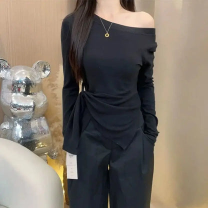 Stripped Off Shoulder Top For Women Slim Fit Asymmetrical Design Trendy Night Out Wear Spring Autumn Fashion Long Sleeve T Shirt