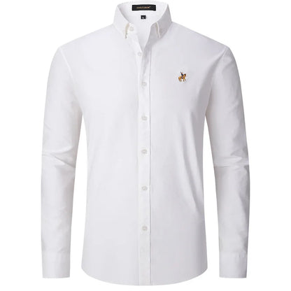 New Pure Cotton Oxford Embroidered Horse Casual Without Pocket Solid Shirt Men's Long Sleeve Dress Shirts Men Business Slim Fit