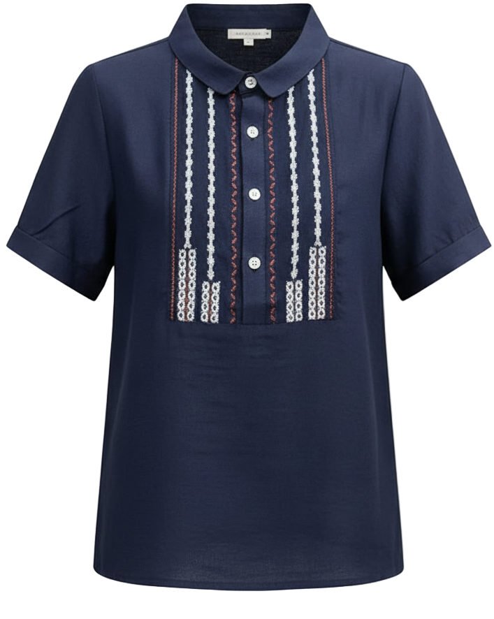 Vintage Peter Pan Collar Blouse - Women's Shirt | Patchwork Button Short Sleeve, Summer 2024 NZ | Strylez Try-On
