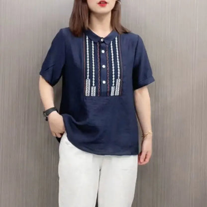 Vintage Peter Pan Collar Blouse Casual Loose Female Clothing Stylish Printed Patchwork Button 2024 Summer New Short Sleeve Shirt