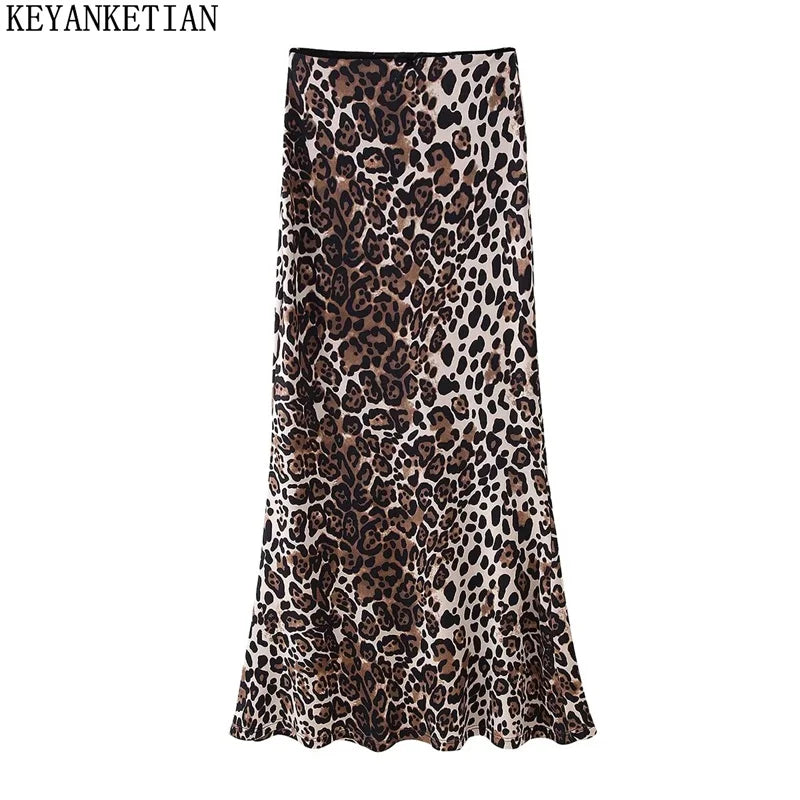 Women's 2024 Leopard Print A-Line Midi Skirt with Bow & Pockets