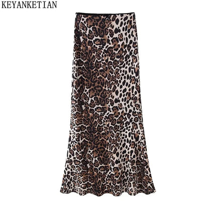 Women's 2024 Leopard Print A-Line Midi Skirt with Bow & Pockets