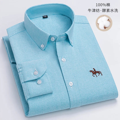 Quality 100% Cotton Oxford Shirt Men's Long Sleeve Embroidered Horse Casual Without Pocket Solid Yellow Dress Shirts Men 5XL 6XL