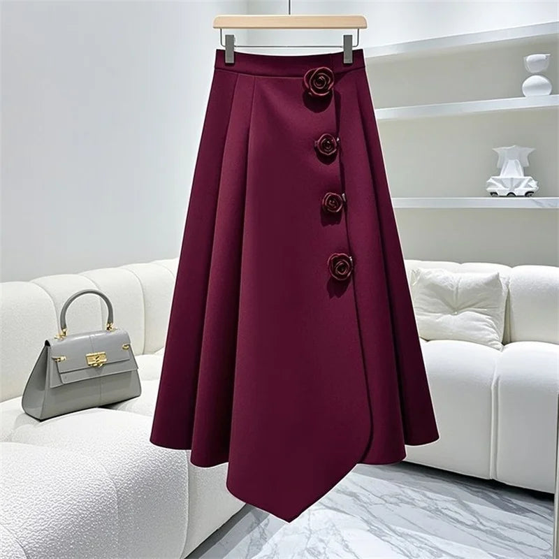 Vintage-Inspired High-Waisted Pleated A-Line Midi Skirt with 3D Flowers – New Zealand | Strylez Virtual Try-On