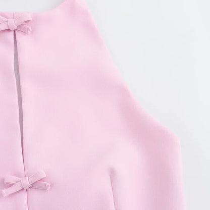 Pink Bow Halter Crop Top and Asymmetrical Shorts Set