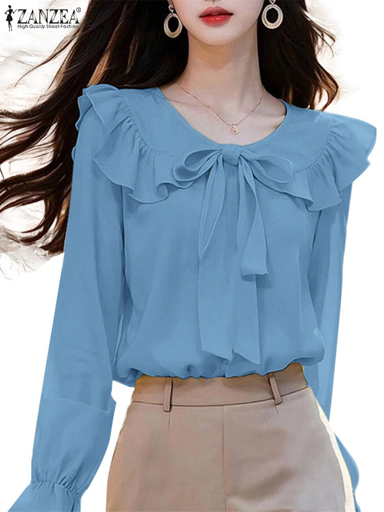 ZANZEA Peter Pan Collar Long Sleeve Blouses Korean Style Women Elegant Solid Smock Tops Sweet Long Sleeve Tie Up Blusas Mujer