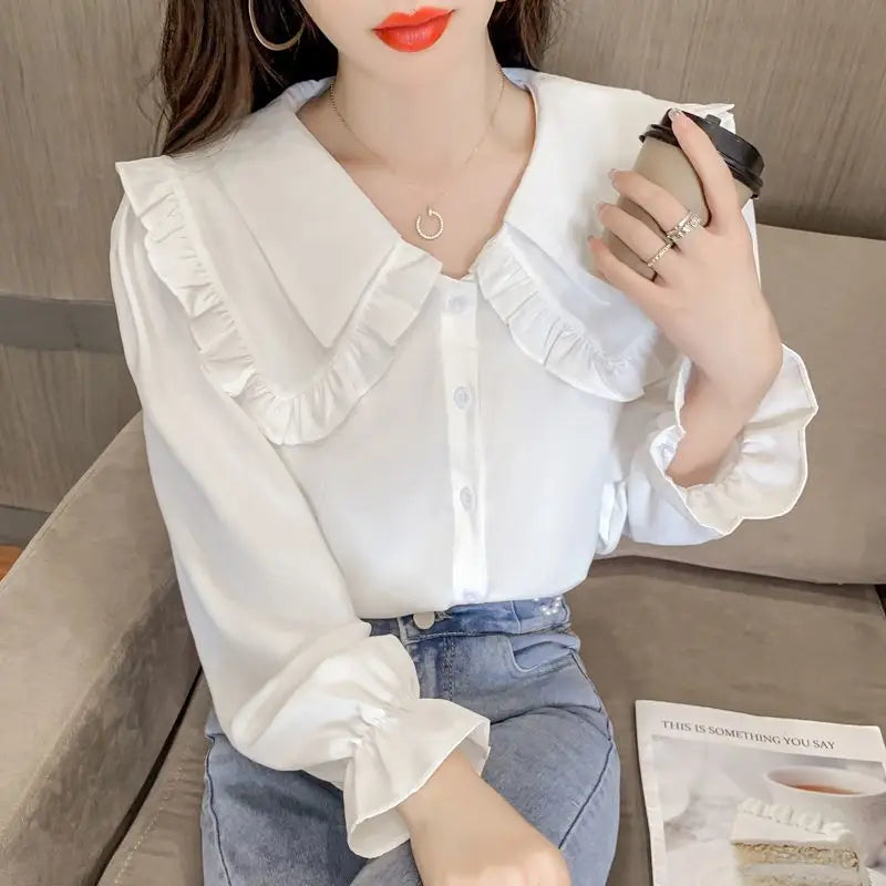 Fashion Peter Pan Collar Button Ruffles Chiffon Shirt Female Clothing 2022 Autumn New Oversized Casual Tops Loose Sweet Blouse