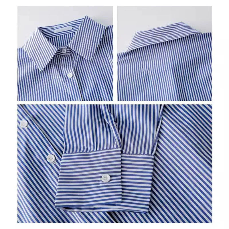 New Zealand Classic Striped Women’s Spring Autumn Blouse - Lantern Sleeve, Stand Collar, Loose Top | Strylez App Virtual Try-On